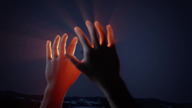 Mysterious UFO Abduction Encounter at Night &ndash; Human Hands Reaching Toward Alien Spacecraft Beam, Cinematic Sci-Fi Concept