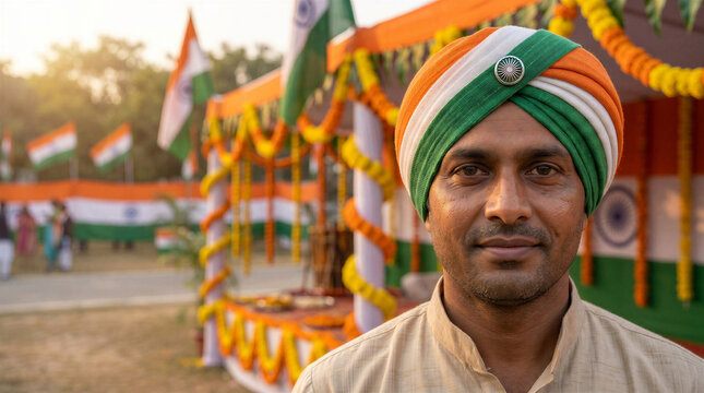 Indian man wearing traditional turban at festive outdoor celebration  