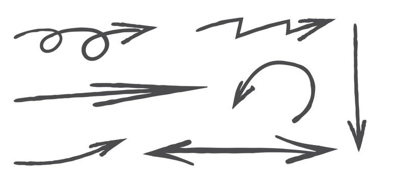 Hand drawn crayon movement arrow collection. Grunge squiggly arrow set. Pencil chalk lines sketch. Black brush scribble element set. Doodle vector illustration.