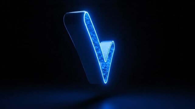 Abstract blue neon check mark in 3D rotating in a dark setting, indicating validation or approval.