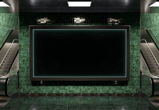 Large blank billboard on dark green underground wall. Horizontal hoarding mockup in subway station. 3D rendering