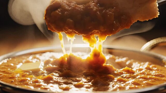 Close-up of bread dipping into spicy pav bhaji with melting butter in a warm, golden restaurant.