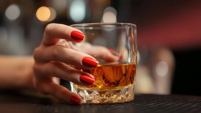 woman in the bar is holding a glass of whiskey in her hand animation