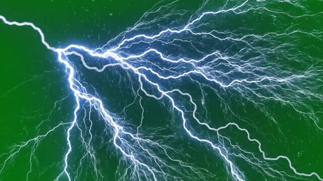 A powerful electric blue lightning bolt strikes through the dark stormy night sky, flashing a bright burst of energy and thunderbolt power during a dangerous nature thunderstorm