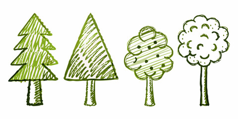 childlike crayon style trees illustration on white background © Tapan