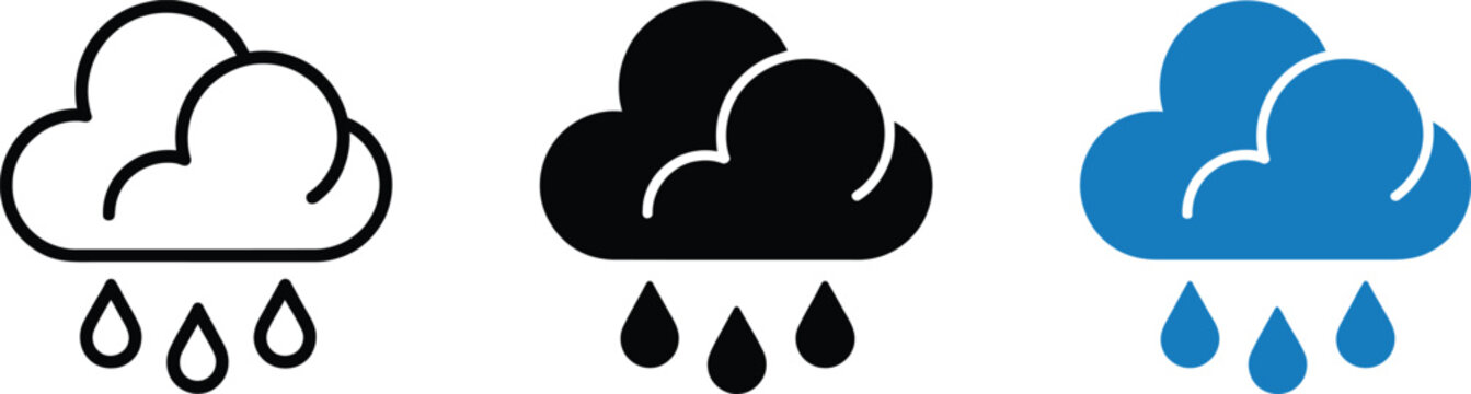 Set of rain cloud icons in black, blue, and outlined