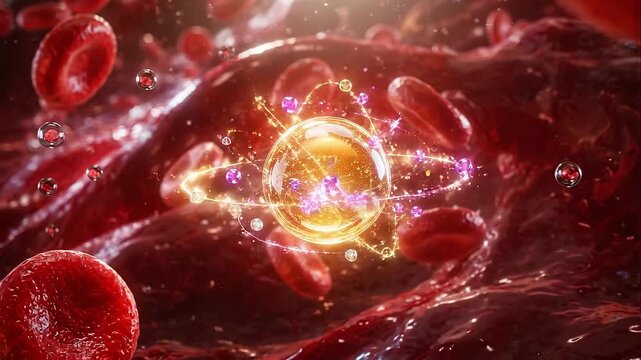 Insulin hormone vital for regulating glucose levels in blood with red blood cells shown in detailed 3d medical illustration of circulatory system interacting with glucose molecules