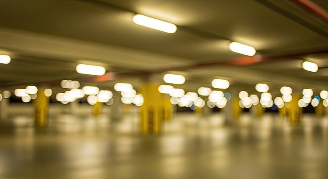 Abstract blurred background of an empty underground parking garage with yellow pillars and bokeh lights.