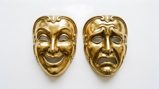 Gold comedy and tragedy masks embrace theaters essence. Perfect for promoting theater productions, events, workshops, or acting classes.
