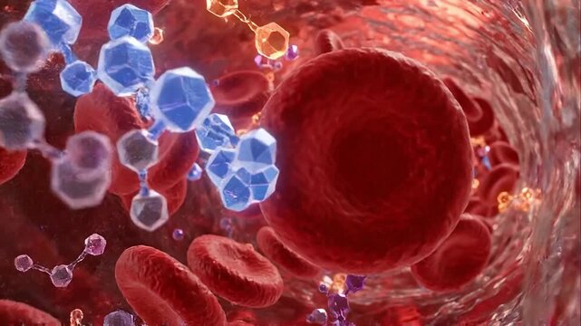 Insulin hormone interaction with glucose molecule inside red blood cell vessel shown in detailed 3d medical illustration of blood flow and cellular structure