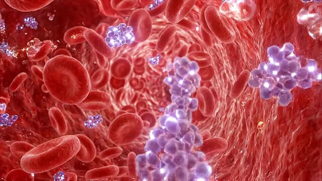 Insulin hormone interaction with glucose molecule and red blood cell inside blood vessel shown in detailed 3d medical illustration of dynamic biological process with vibrant colors
