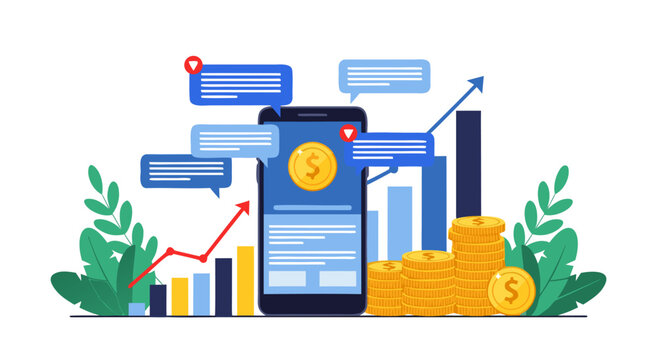 Vector illustration of a smartphone displaying financial data and graphs with coins and plants around it