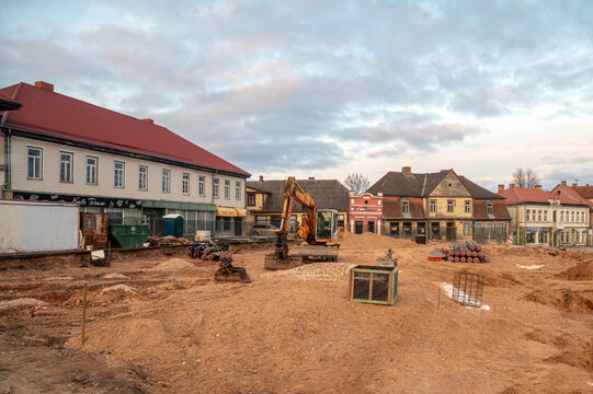 Reconstruction work in Tukums Brivibas square during daytime