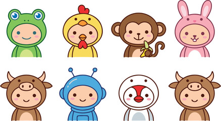 Cute kids in animal and space costumes collection featuring frog chicken monkey rabbit cow and astronaut characters © MdMojnu
