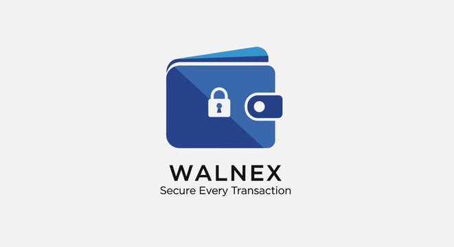 Modern blue wallet logo with a lock symbol, representing secure transactions and a strong branding for a financial company.