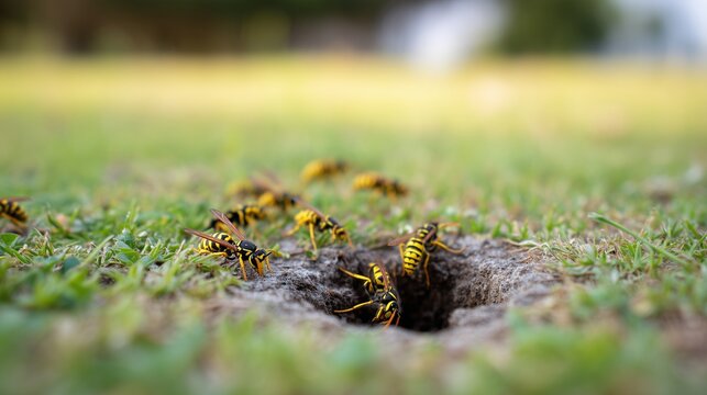 Wasp nest entrance in lawn with multiple wasp on ground indicating pest control inspection and removal scenario.