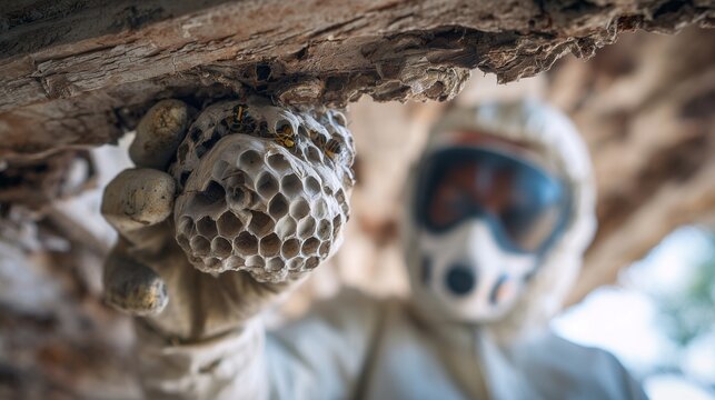 Technician in protective suit removing wasp nest from eave, representing professional wasp nest removal service and insect hazard mitigation.