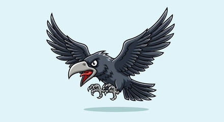 Naklejka premium Angry Black Crow Bird Flying with Open Beak and Sharp Claws.