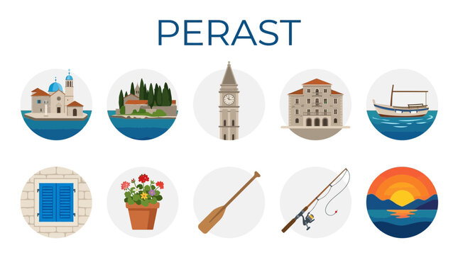 Collection of Perast Montenegro Icons and Landmarks.