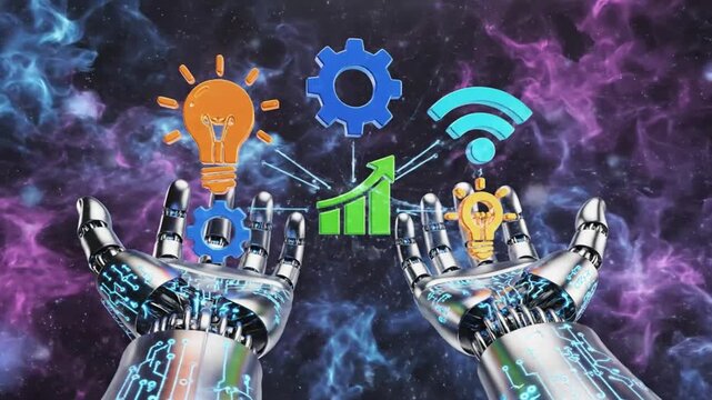 Futuristic Robot Hands Presenting Business Ideas, Growth, Innovation, and Wireless Connectivity Against Cosmic Backdrop