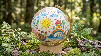 Naklejka premium Globe with child drawing on surface standing on moss in forest. Earth Day concept with colorful kids art representing nature, family and home. Sustainable environment protection idea.