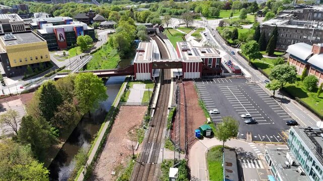 Aerial Drone View of Modern University Train Station and Railway Tracks in Edgbaston Birmingham