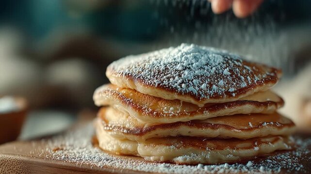 Hand gently sprinkling powdered sugar over a stack of fresh fluffy pancakes