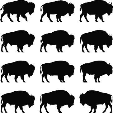 PrintBlack bison silhouette illustrations arranged in grid pattern for wildlife, nature, and cultural design projects