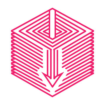 Downward arrow through stacked layers vector, flat design trend symbol
