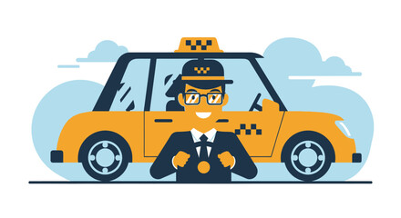 Naklejka premium Cartoon taxi driver smiling behind wheel of yellow cab illustration