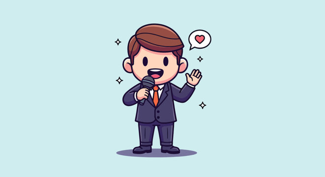Cute Cartoon Male Public Speaker Hosting Event with Microphone and Heart Icon.