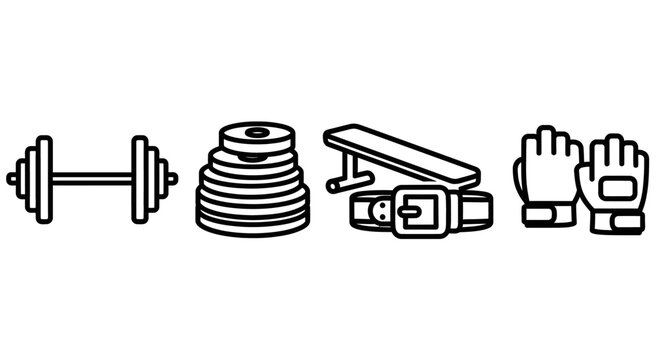 Gym equipment icons set weights bench belt and gloves vector illustration