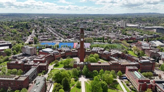 Aerial Drone Flight Over University of Birmingham Campus and Joseph Chamberlain Memorial Clock Tower