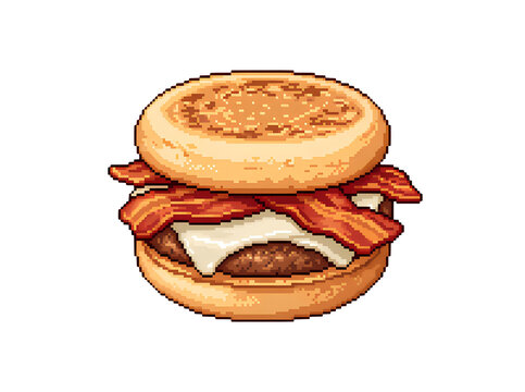 Delicious pixel art bacon cheeseburger on a white background