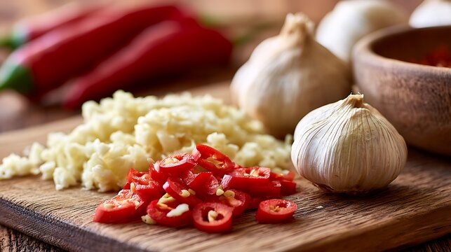 Fresh minced garlic and sliced red chili peppers on a wooden cutting board