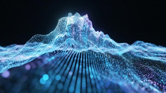 Abstract data visualization of flowing digital waves resembling a mountainous landscape in blue and purple against black background