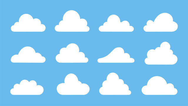 Set of white cloud shapes vector isolated on sky blue background. Cloud icons.
