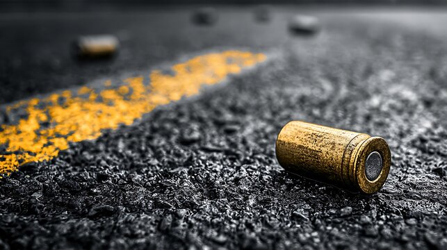 Spent bullet shell casing on asphalt road with yellow lane marking