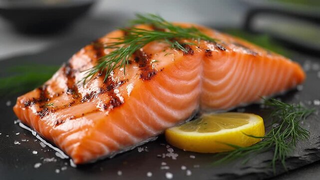 Grilled salmon fillet with lemon and dill on plate