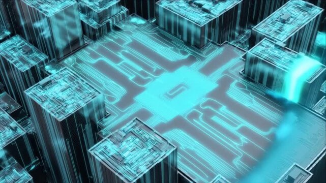 未来都市のコアでシアンの光が脈打つ巨大なマイクロチップと回路グリッドの起動