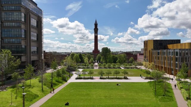 Drone Flyover of Historic University of Birmingham Campus and Iconic Old Joe Clock Tower England
