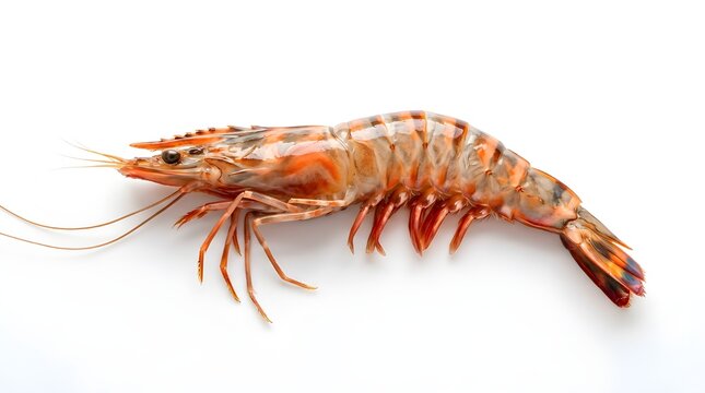 A large orange shrimp is displayed on a white background for seafood reference.