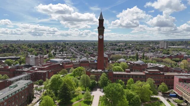 Aerial Perspective of University of Birmingham Historic Red Brick Campus and Old Joe Tower