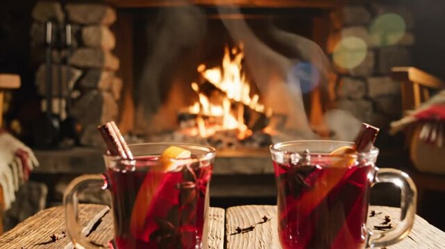 Cozy winter scene with mulled wine glasses, star anise, and cinnamon sticks with a fireplace in the background