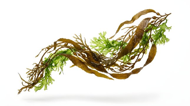 Brown seaweed with green leaves floating in water, captured in close-up view