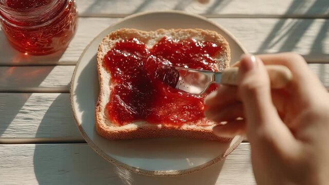 Hand spreading sweet red strawberry jam on toast bread with a knife