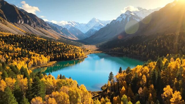Stunning aerial view of Kanas Lake in autumn with vibrant fall foliage and snowy mountains