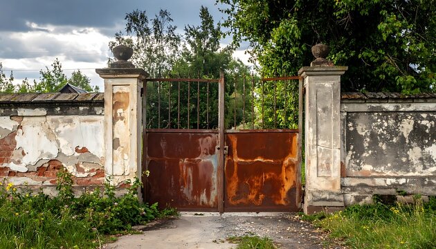 A rusty old gate in a weathered stone wall