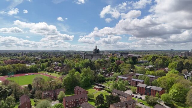 Aerial Drone View of Birmingham University Edgbaston Campus and Red Brick Educational Buildings