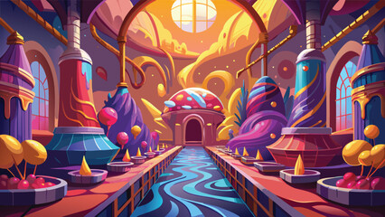 Fantasy palace interior with colorful pillars and glowing stream in a magic castle hall Vector © CreativeKamrul